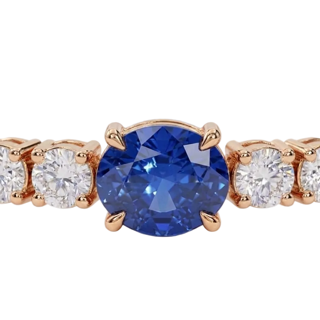 alt="close up view of lab grown oval blue sapphire and round diamond east-west tennis bracelet in 14k rose gold"