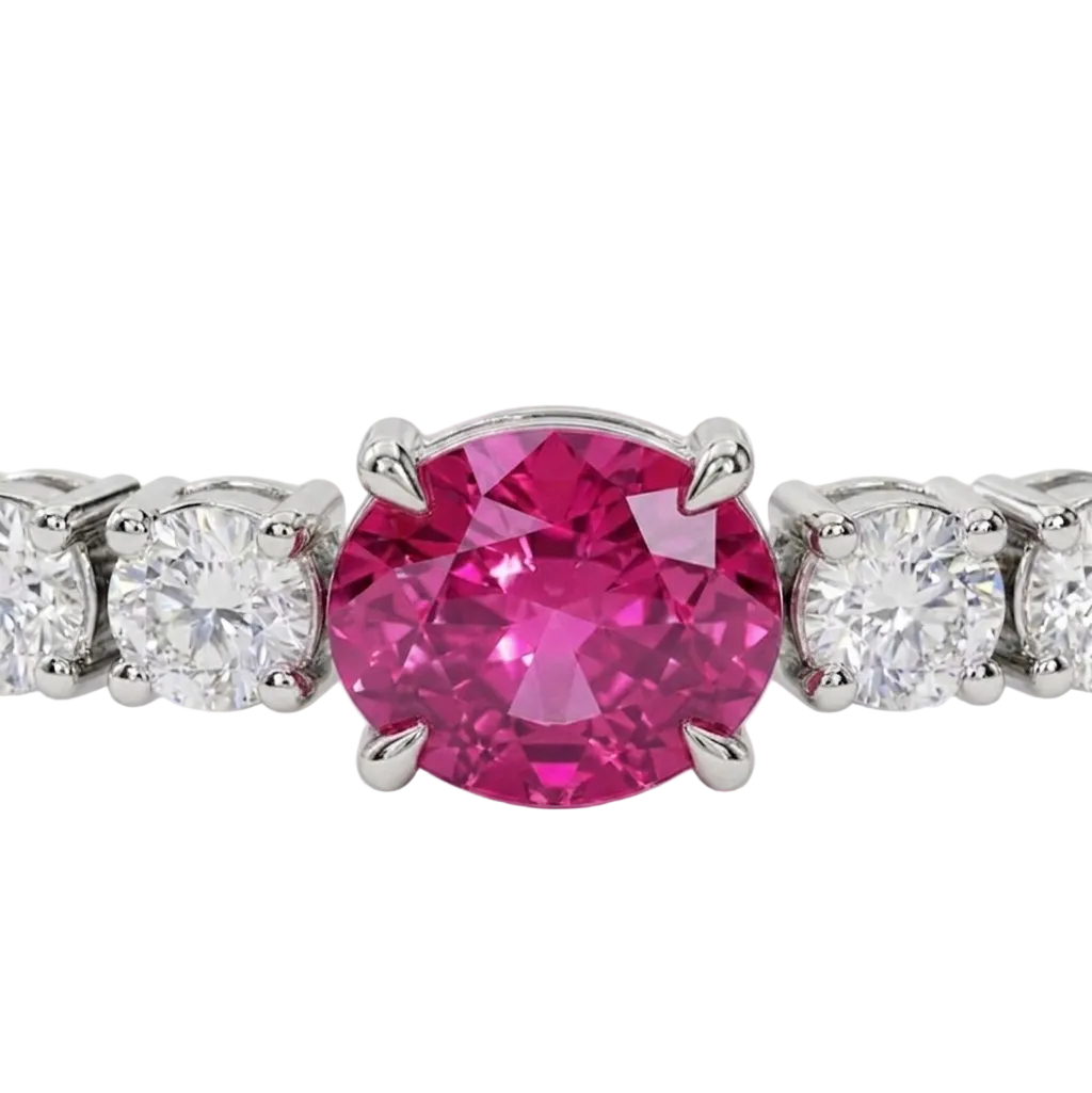 alt="close up view of lab grown oval pink sapphire and round diamond east-west tennis bracelet in 14k white gold"