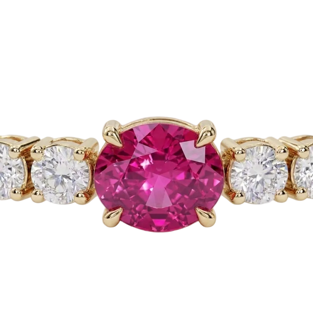 alt="close up view of lab grown oval pink sapphire and round diamond east-west tennis bracelet in 14k yellow gold"