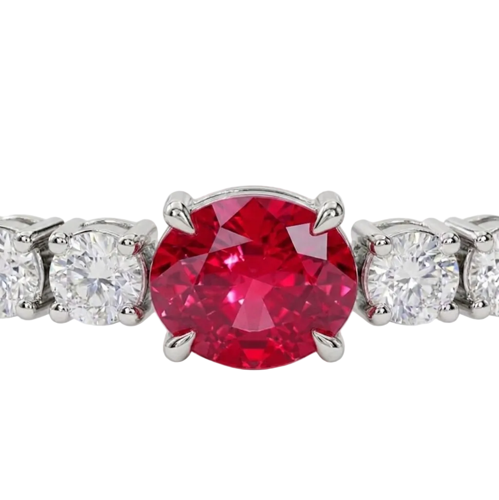 alt="close up view of lab grown oval ruby and round diamond east-west tennis bracelet in 14k white gold"