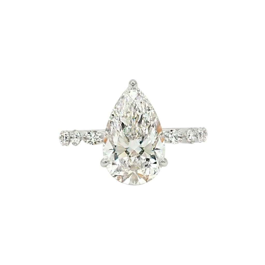 alt="front view lab grown diamond pear cut ring 14K white gold"