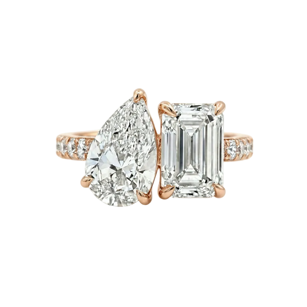 alt="front view lab grown diamond toi et moi ring 14K rose gold"