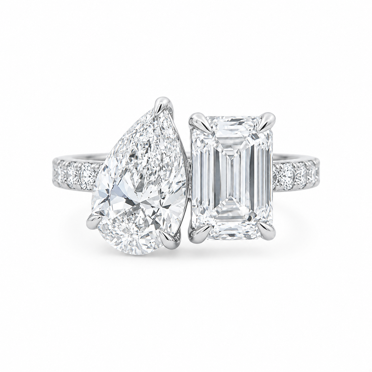 alt="front view lab grown diamond toi et moi ring 14K white gold"