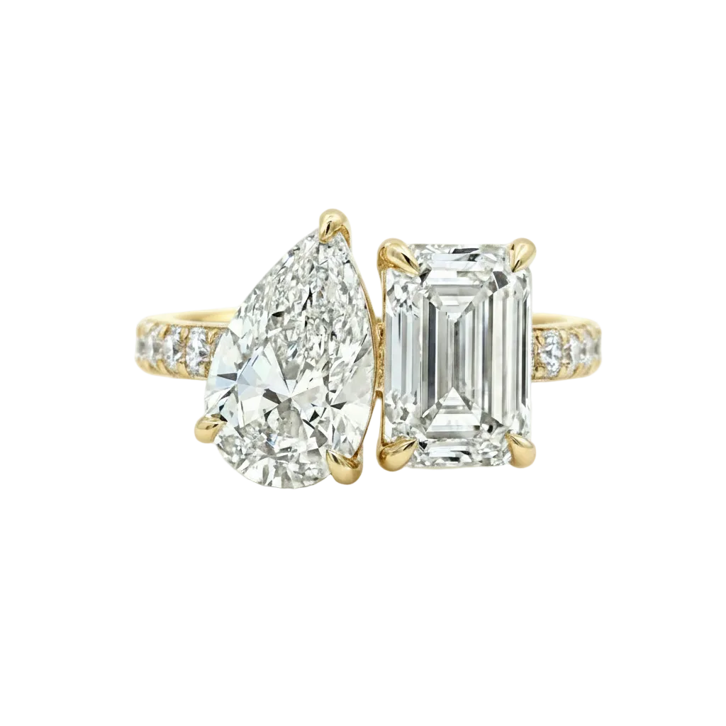 alt="front view lab grown diamond toi et moi ring 14K yellow gold"