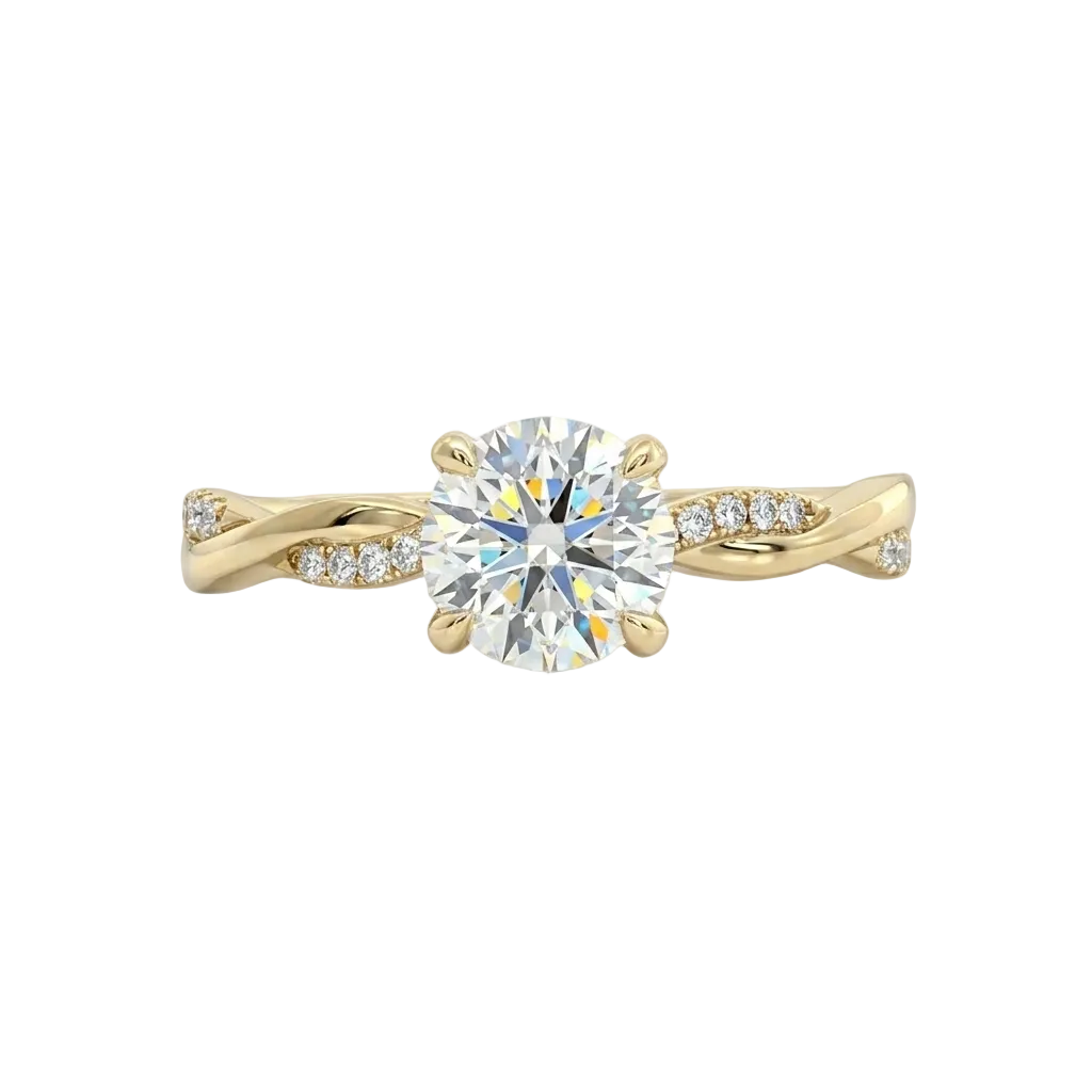 alt="front view lab grown diamond twisted accent band ring 14k yellow gold”