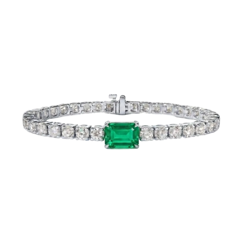 alt="front view of lab grown emerald cut columbian emerald and round diamond east-west tennis bracelet in 14k white gold"