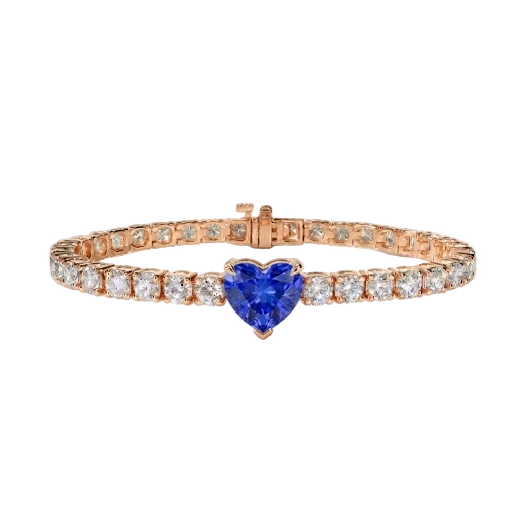 alt="front view of lab grown heart cut blue sapphire and round diamond east-west tennis bracelet in 14k rose gold"