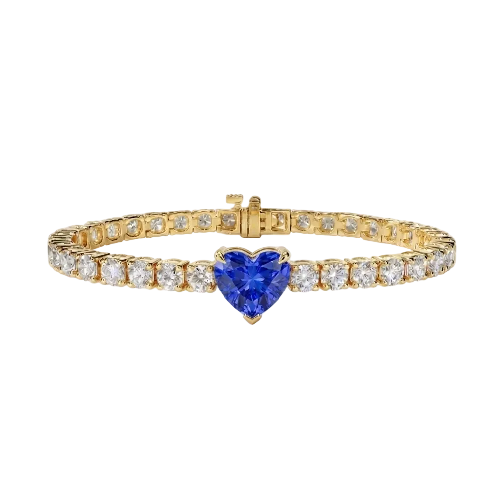 alt="close up view of lab grown heart cut blue sapphire and round diamond east-west tennis bracelet in 14k yellow gold"