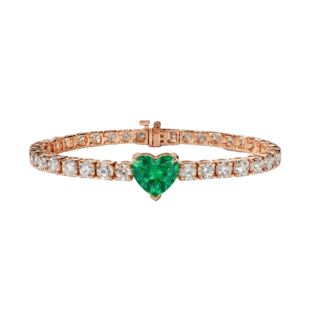 alt="front view of lab grown heart cut columbian emerald and round diamond east-west tennis bracelet in 14k rose gold"