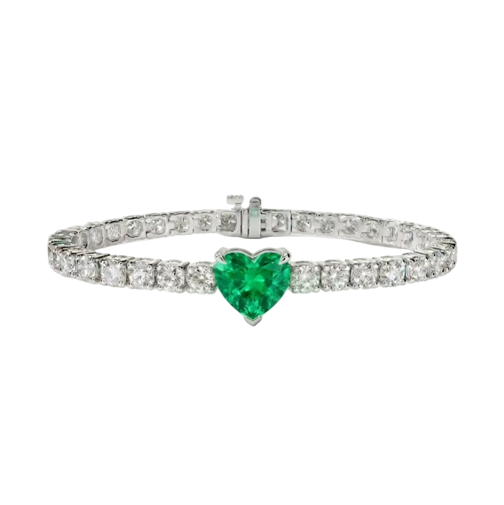 alt="front view of lab grown heart cut columbian emerald and round diamond east-west tennis bracelet in 14k white gold"