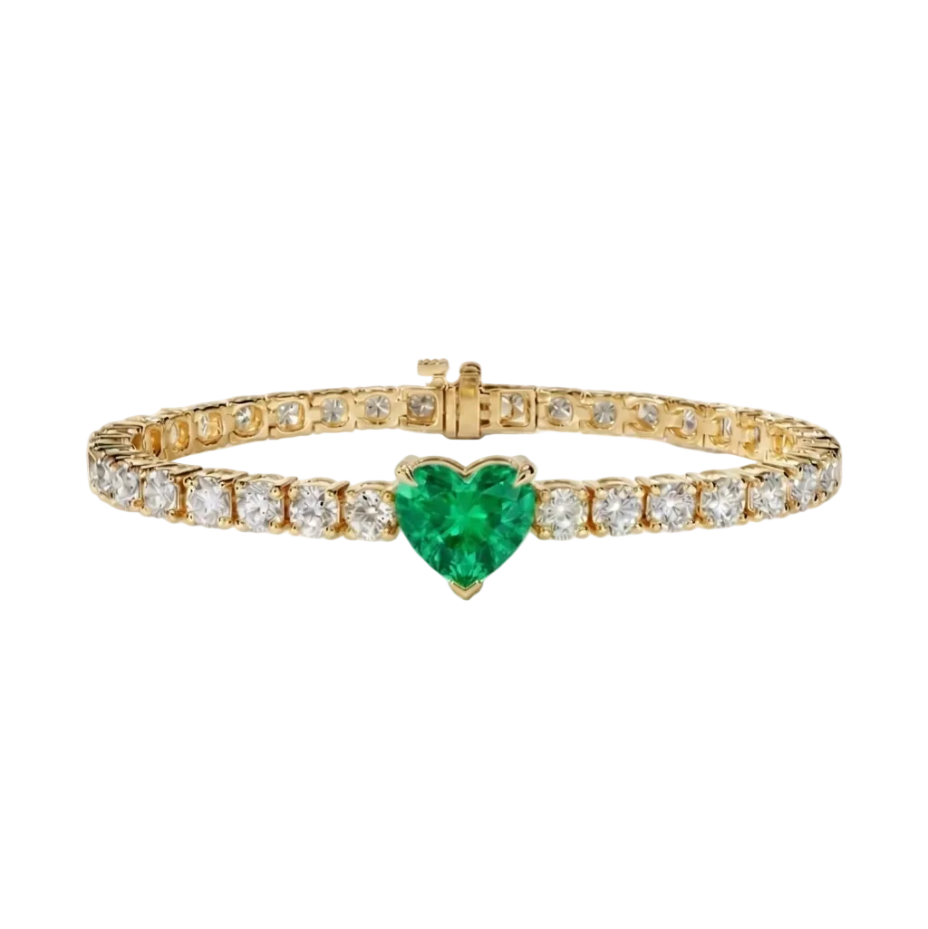 alt="front view of lab grown heart cut columbian emerald and round diamond east-west tennis bracelet in 14k yellow gold"