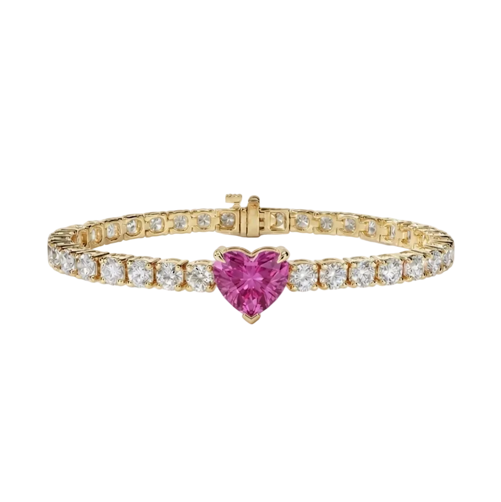 alt="front view of lab grown heart cut pink sapphire and round diamond east-west tennis bracelet in 14k yellow gold"