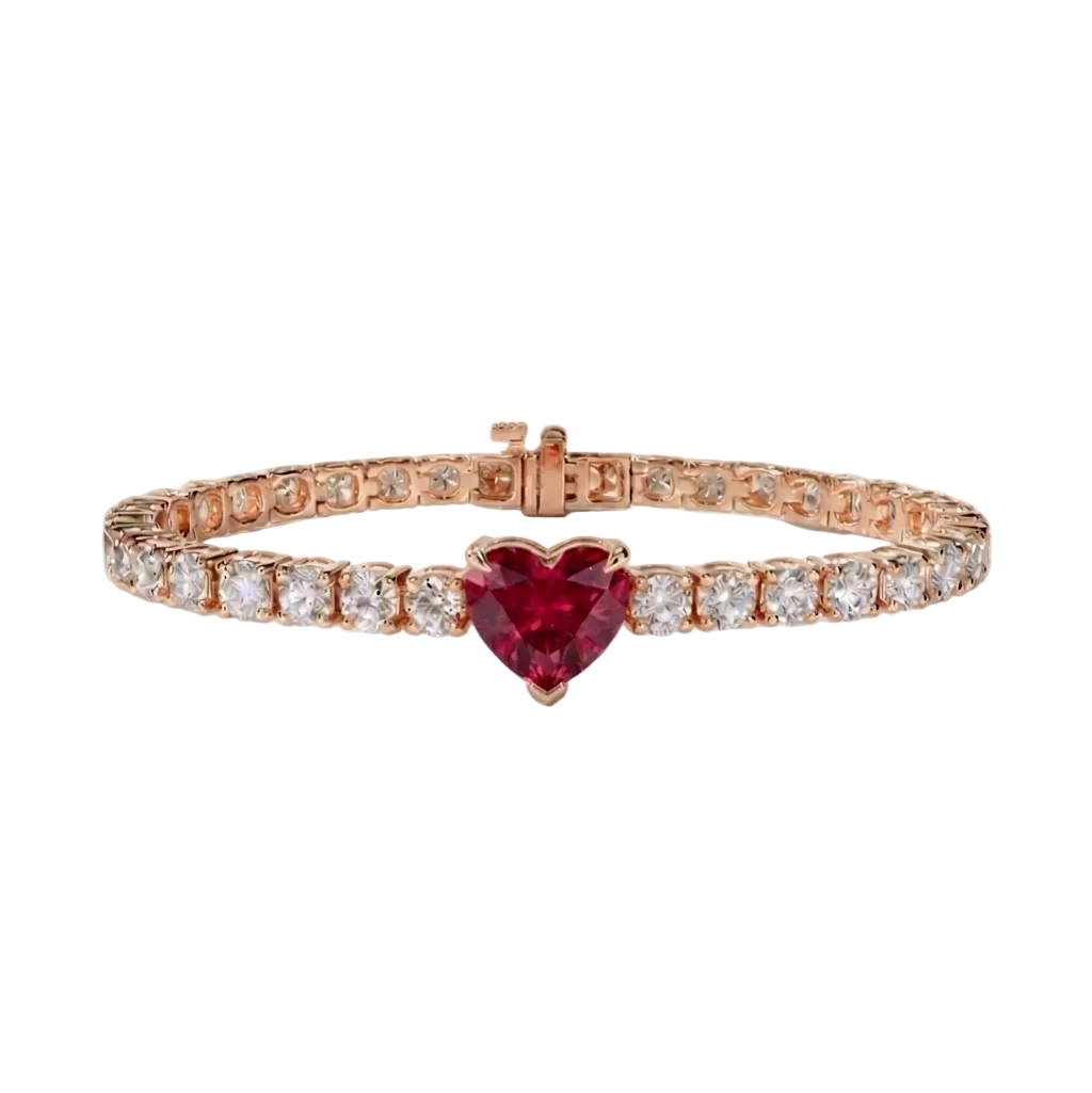 alt="front view of lab grown heart cut ruby and round diamond east-west tennis bracelet in 14k rose gold"