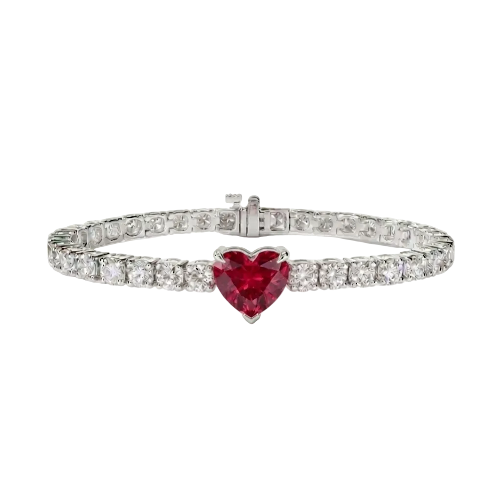 alt="front view of lab grown heart cut ruby and round diamond east-west tennis bracelet in 14k white gold"