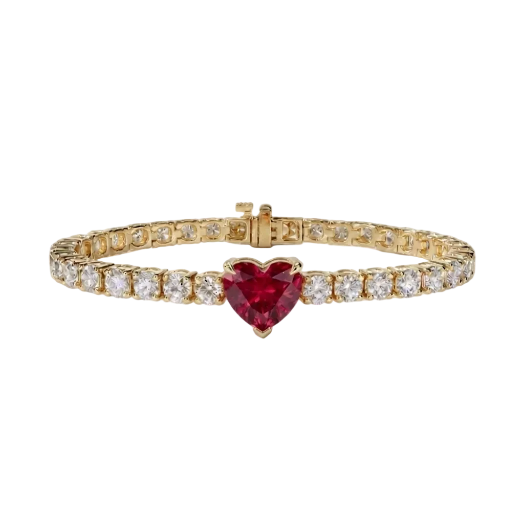 alt="front view of lab grown heart cut ruby and round diamond east-west tennis bracelet in 14k yellow gold"