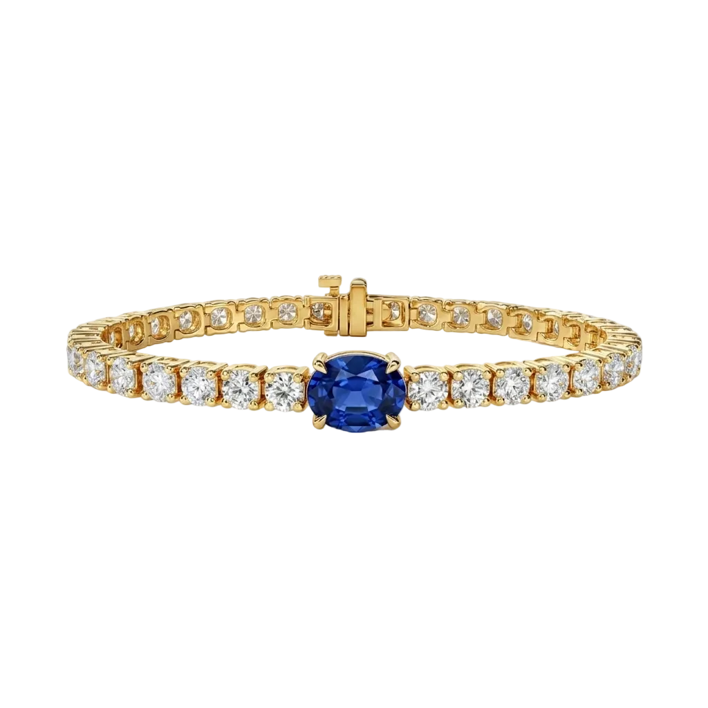 alt="front view of lab grown oval blue sapphire and round diamond east-west tennis bracelet in 14k yellow gold"