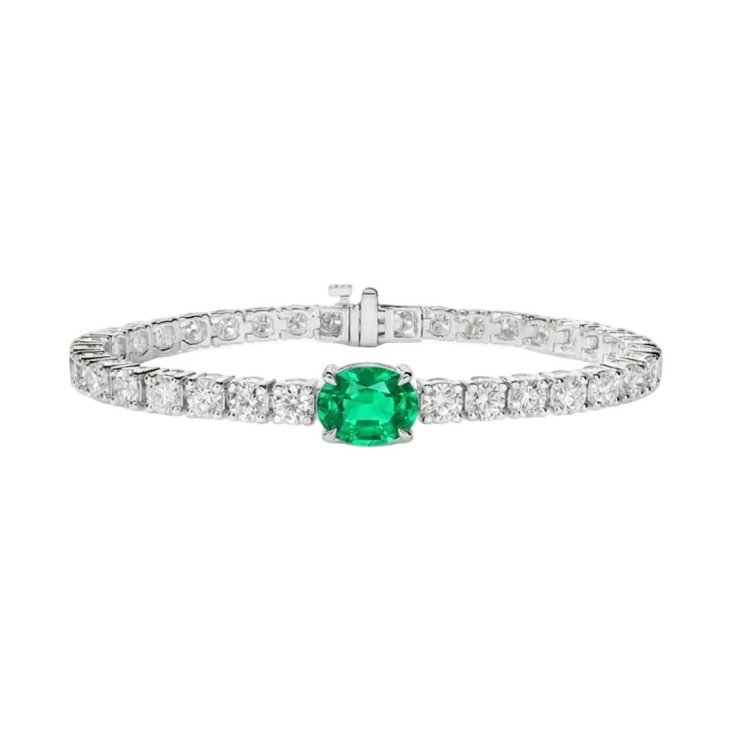 alt="front view of lab grown oval columbian green emerald and round diamond east-west tennis bracelet in 14k rose gold"