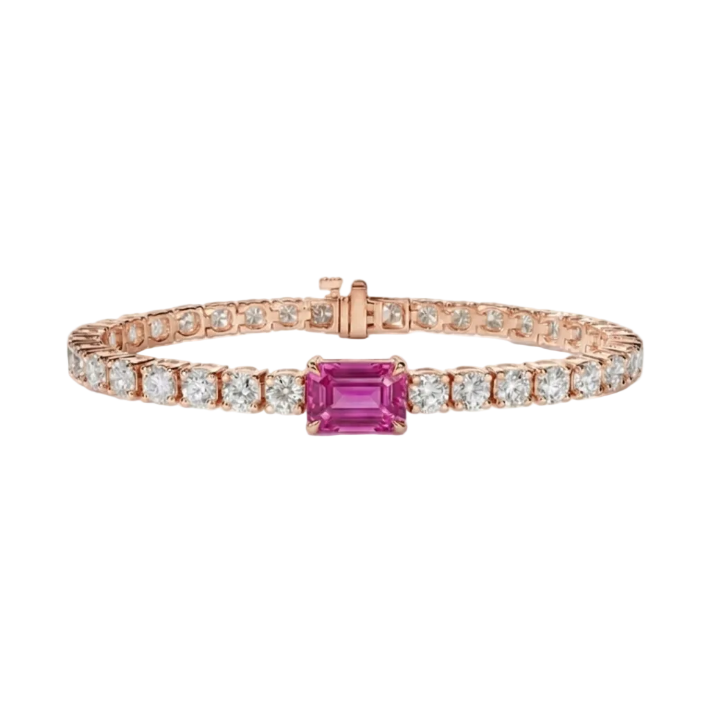 alt="front view of lab grown emerald cut pink sapphire and round diamond east-west tennis bracelet in 14k rose gold"