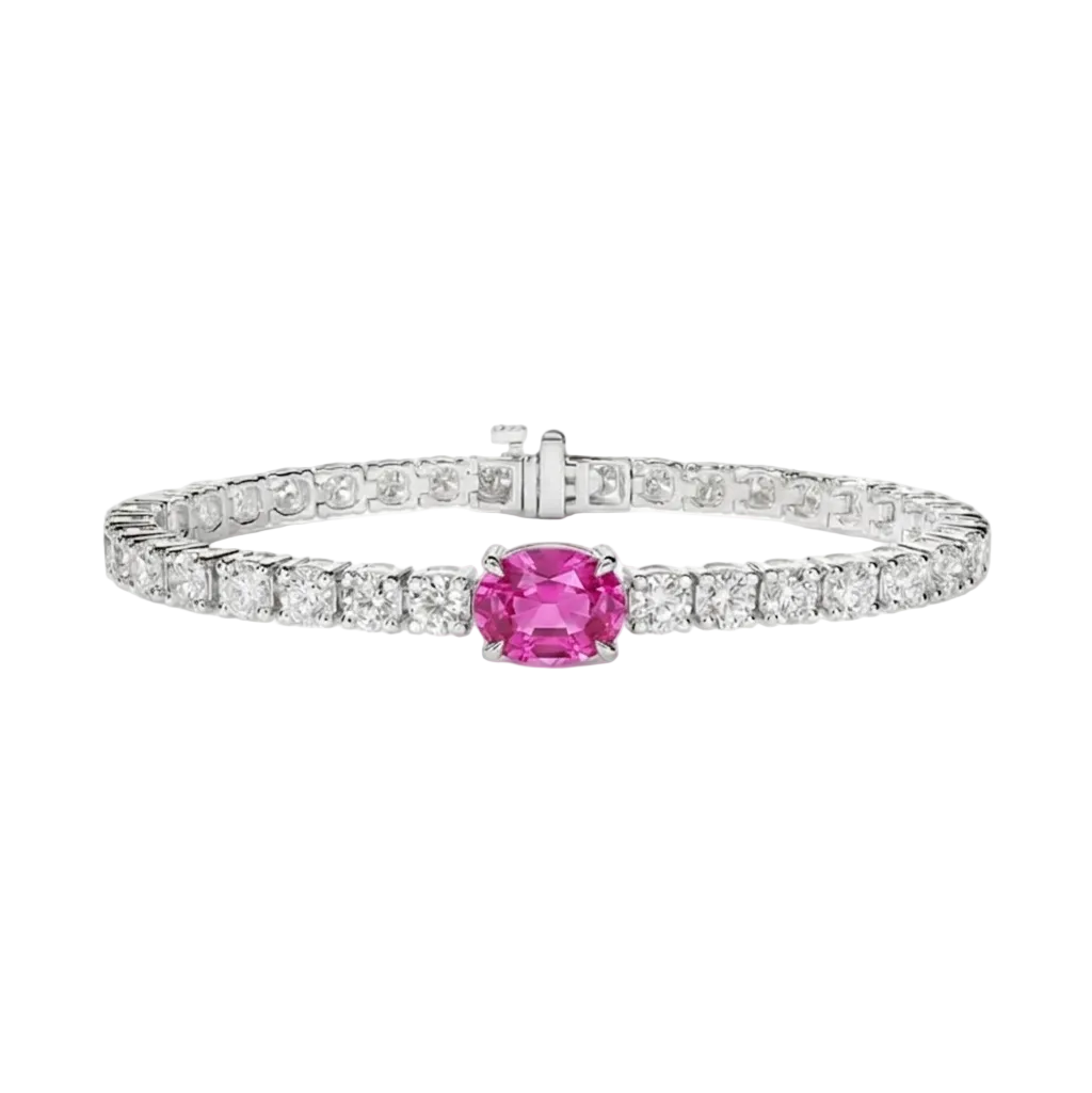 alt="front view of lab grown oval pink sapphire and round diamond east-west tennis bracelet in 14k white gold"