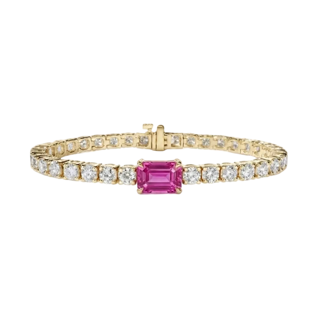 alt="front view of lab grown emerald cut pink sapphire and round diamond east-west tennis bracelet in 14k yellow gold"