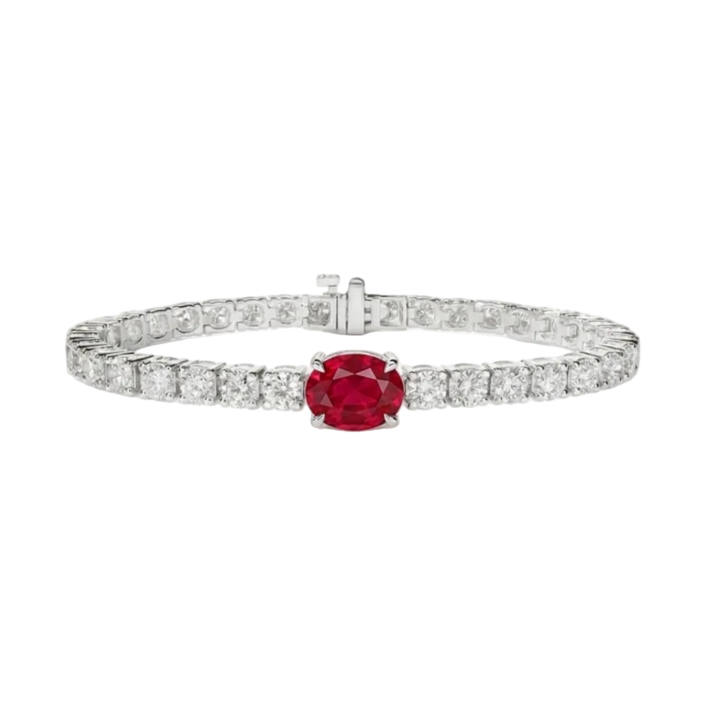 alt="front view of lab grown oval ruby and round diamond east-west tennis bracelet in 14k white gold"