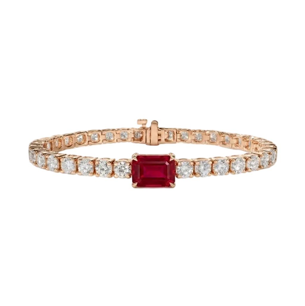 alt="front view of lab grown emerald cut ruby and round diamond east-west tennis bracelet in 14k rose gold"