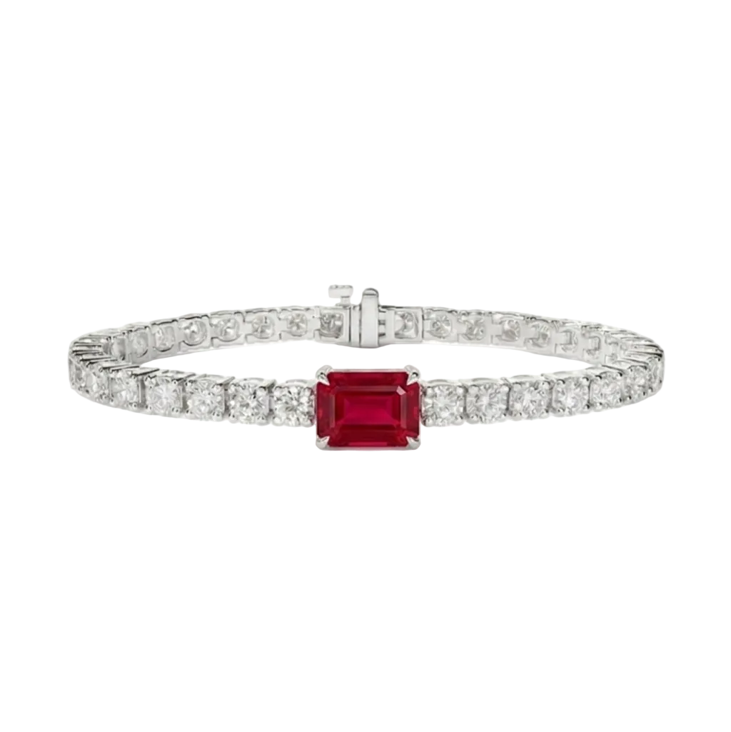 alt="front view of lab grown emerald cut ruby and round diamond east-west tennis bracelet in 14k white gold"