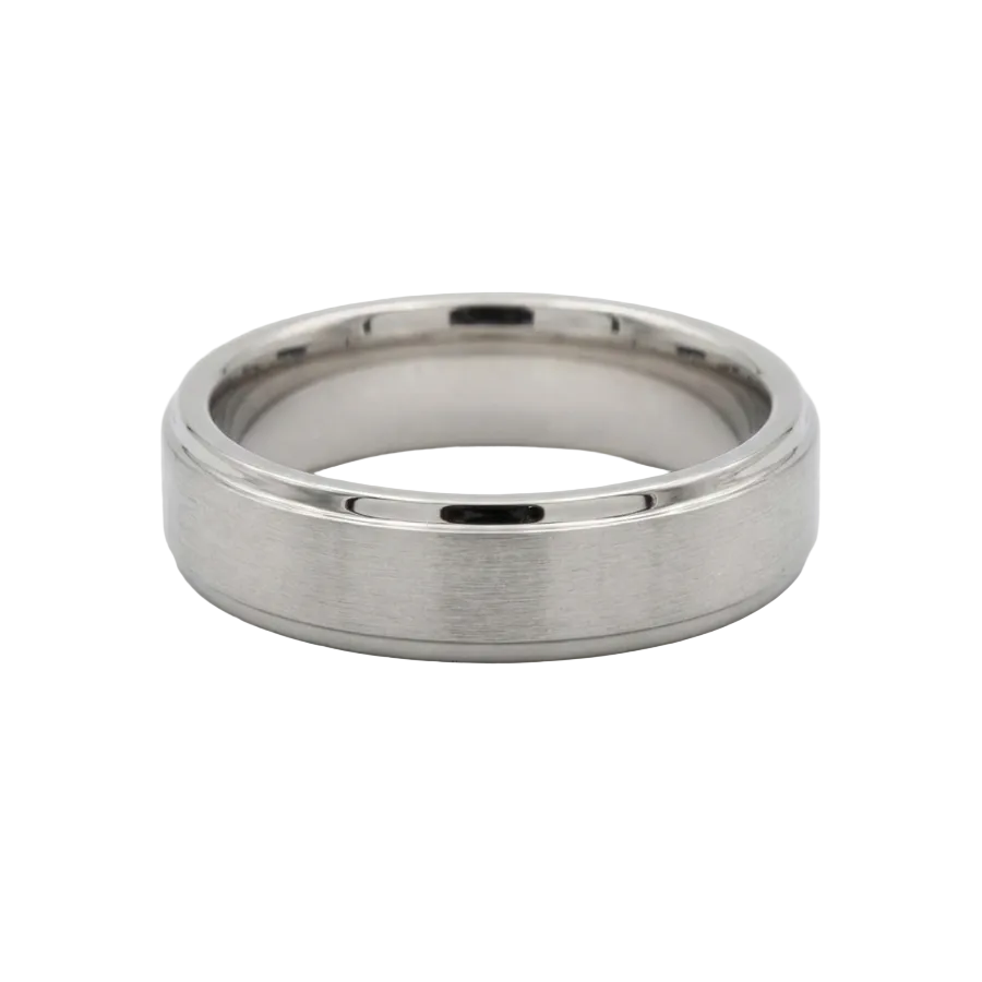 alt="front view of brushed matte men wedding band in 14K white gold"