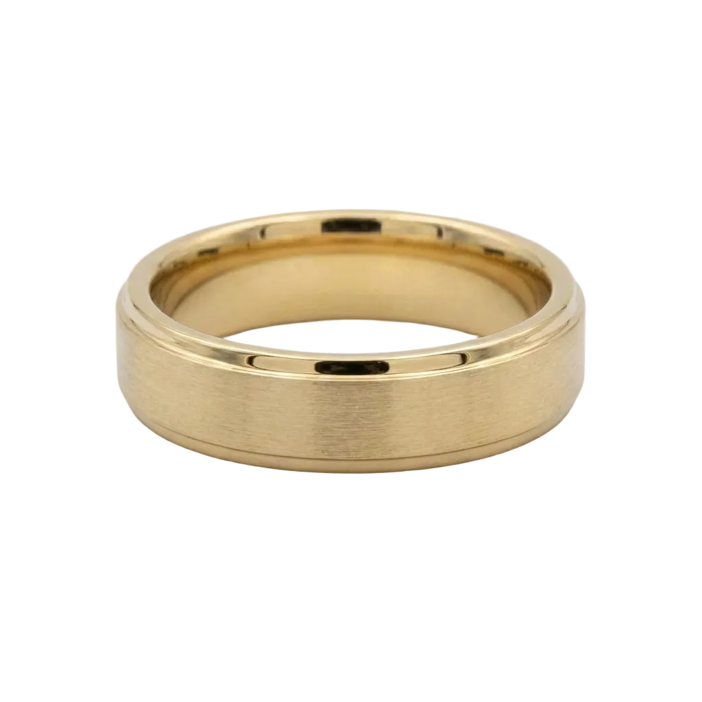 alt="front view of brushed matte men wedding band in 14K yellow gold"
