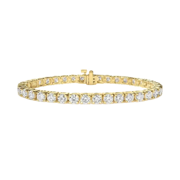 alt="front view of classic four prong round lab grown diamond tennis bracelet in 14K yellow gold"