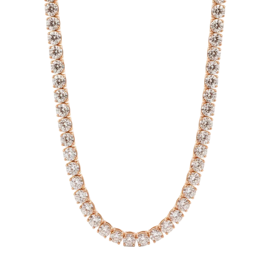 alt="front view of classic four prong round lab grown diamond tennis necklace in 14K rose gold"