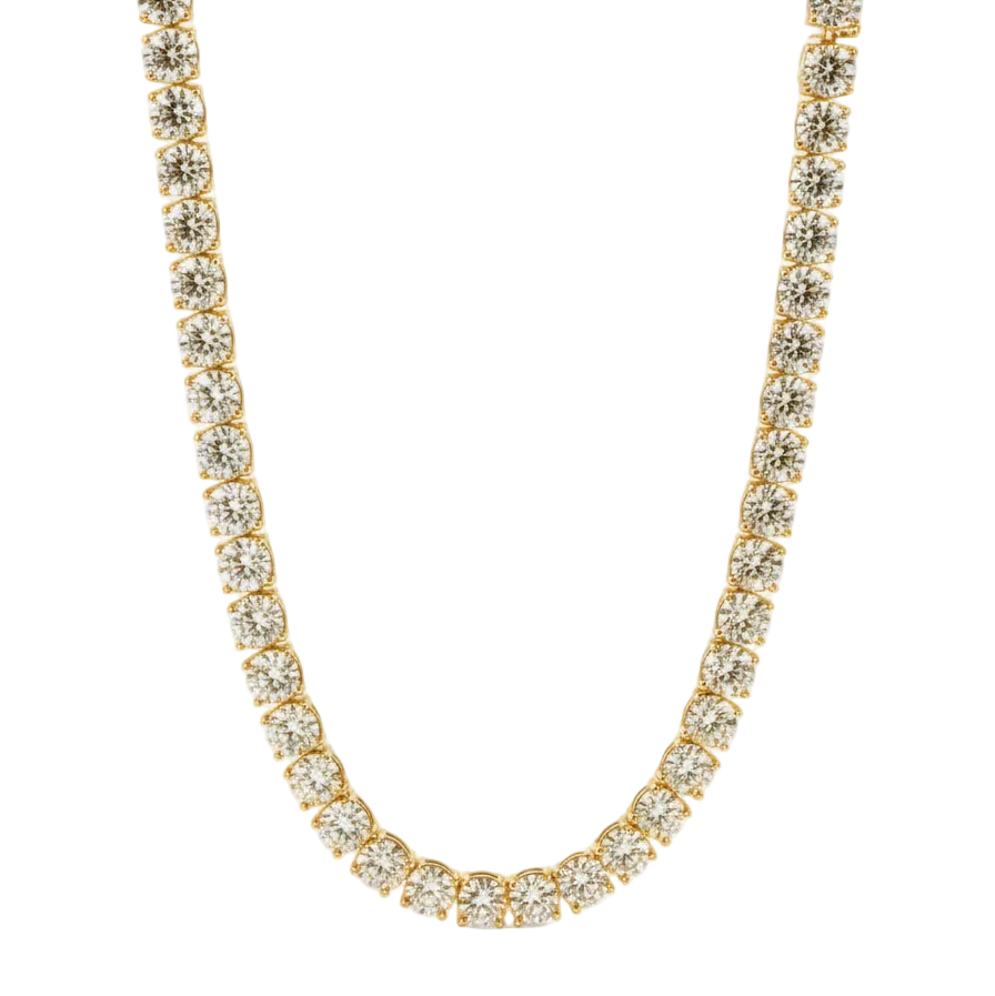 alt="front view of classic four prong round lab grown diamond tennis necklace in 14K yellow gold"