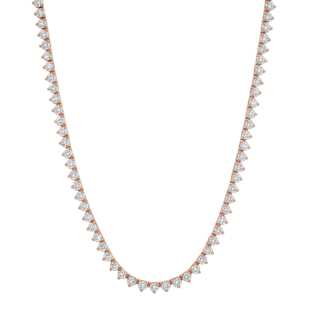 alt="front view of classic three prong round lab grown diamond tennis necklace in 14K rose gold"