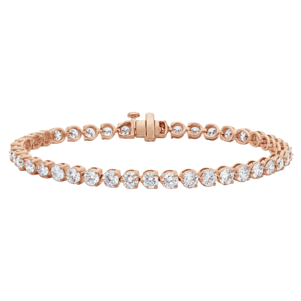 alt="front view of elegant three prong round lab grown diamond tennis bracelet in 14K rose gold"