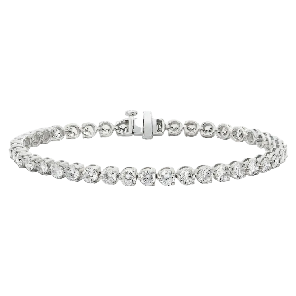 alt="front view of elegant three prong round lab grown diamond tennis bracelet in 14K white gold"