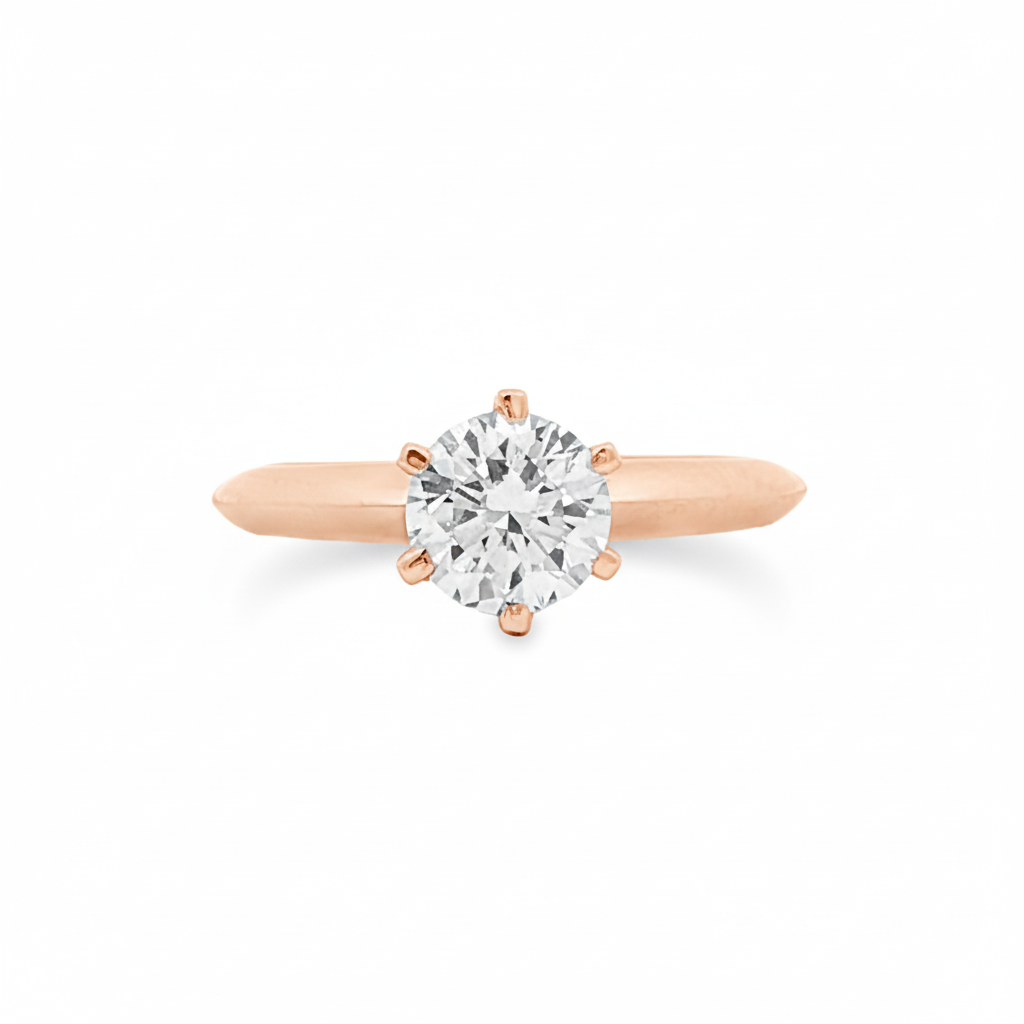 alt="front view of lab grown round cut diamond six prong setting solitaire engagement ring in 14K rose gold"