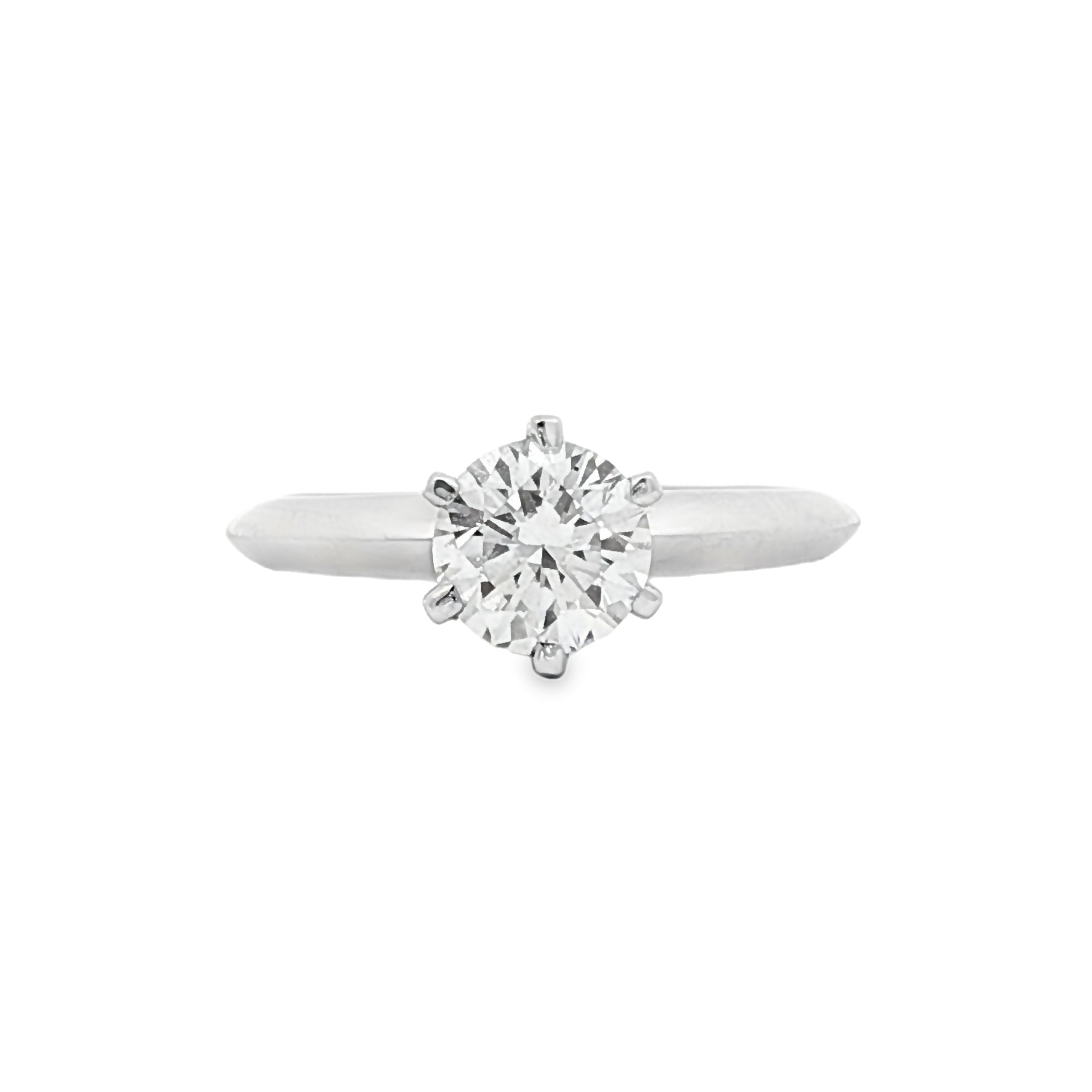 alt="front view of lab grown round cut diamond six prong setting solitaire engagement ring in 14K white gold"