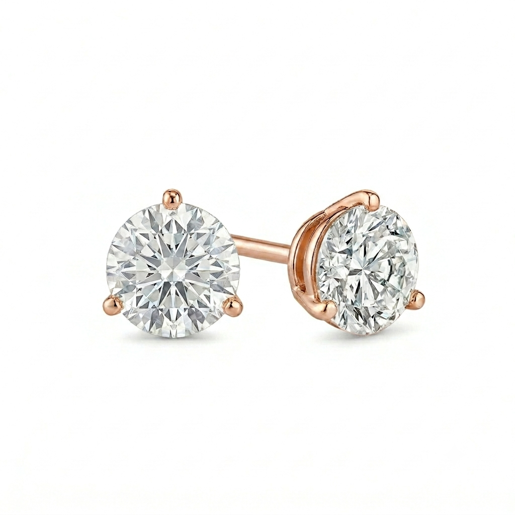 alt="front view of lab grown round cut diamond three prong stud earring in 14K rose gold"