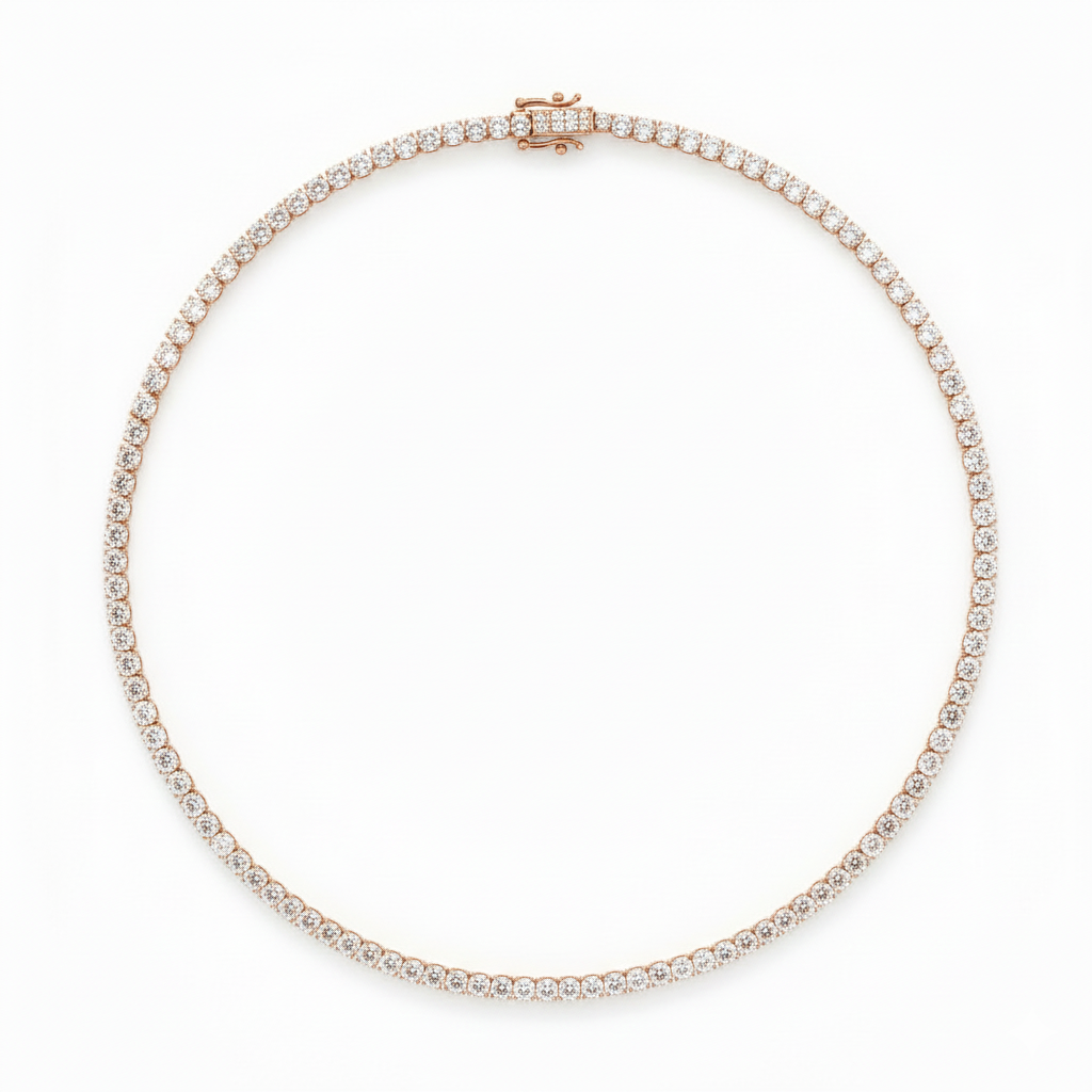 alt="full view of classic four prong round lab grown diamond tennis necklace in 14K rose gold"
