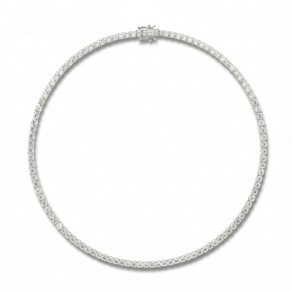 alt="full view of classic four prong round lab grown diamond tennis necklace in 14K white gold"