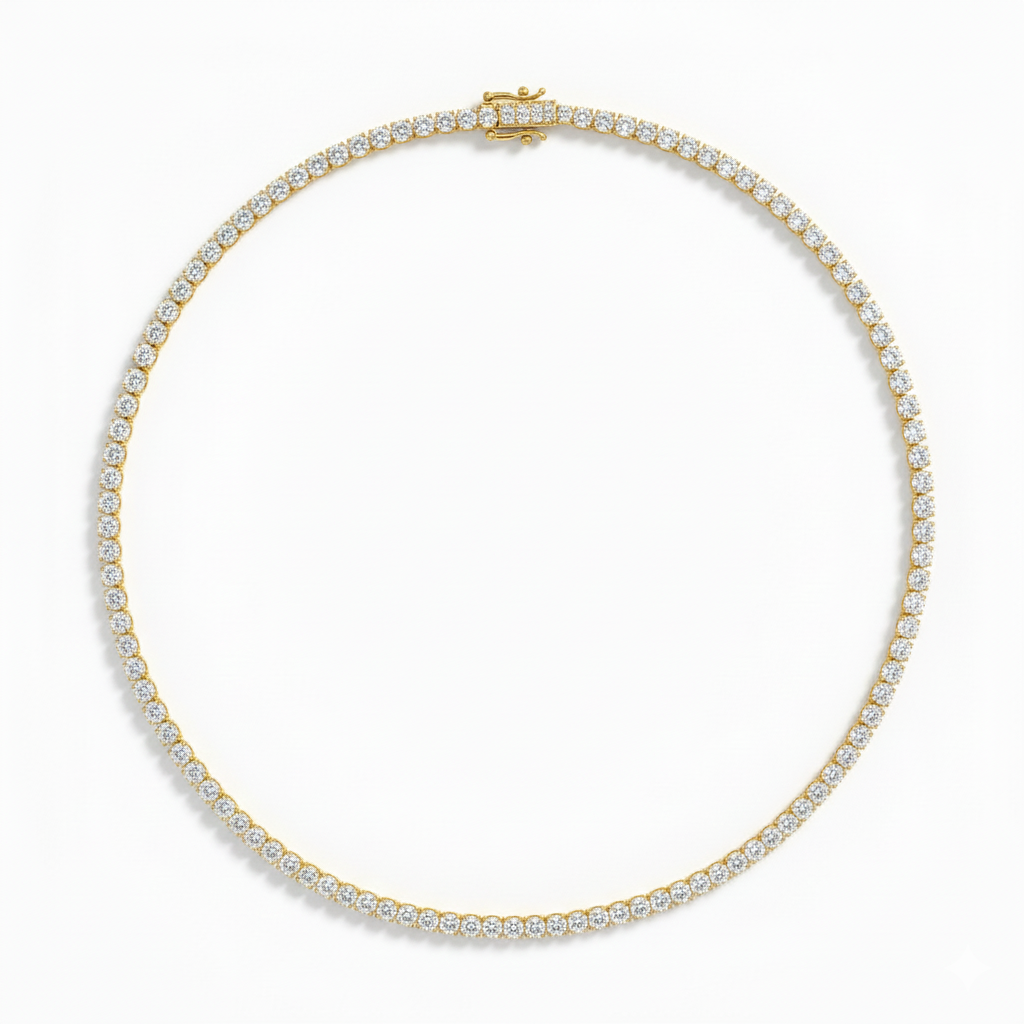 alt="full view of classic four prong round lab grown diamond tennis necklace in 14K yellow gold"