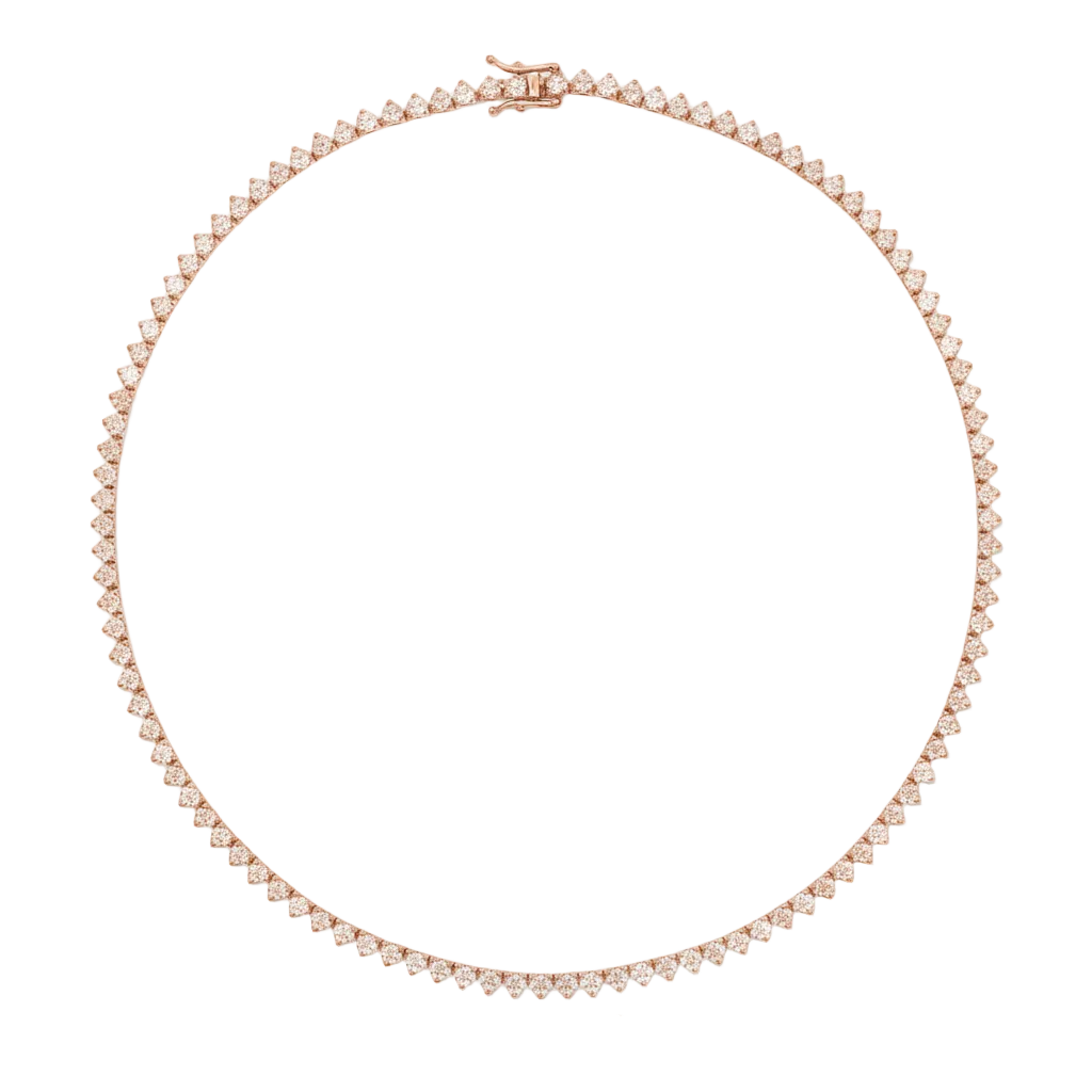 alt="full view of classic three prong round lab grown diamond tennis necklace in 14K rose gold"