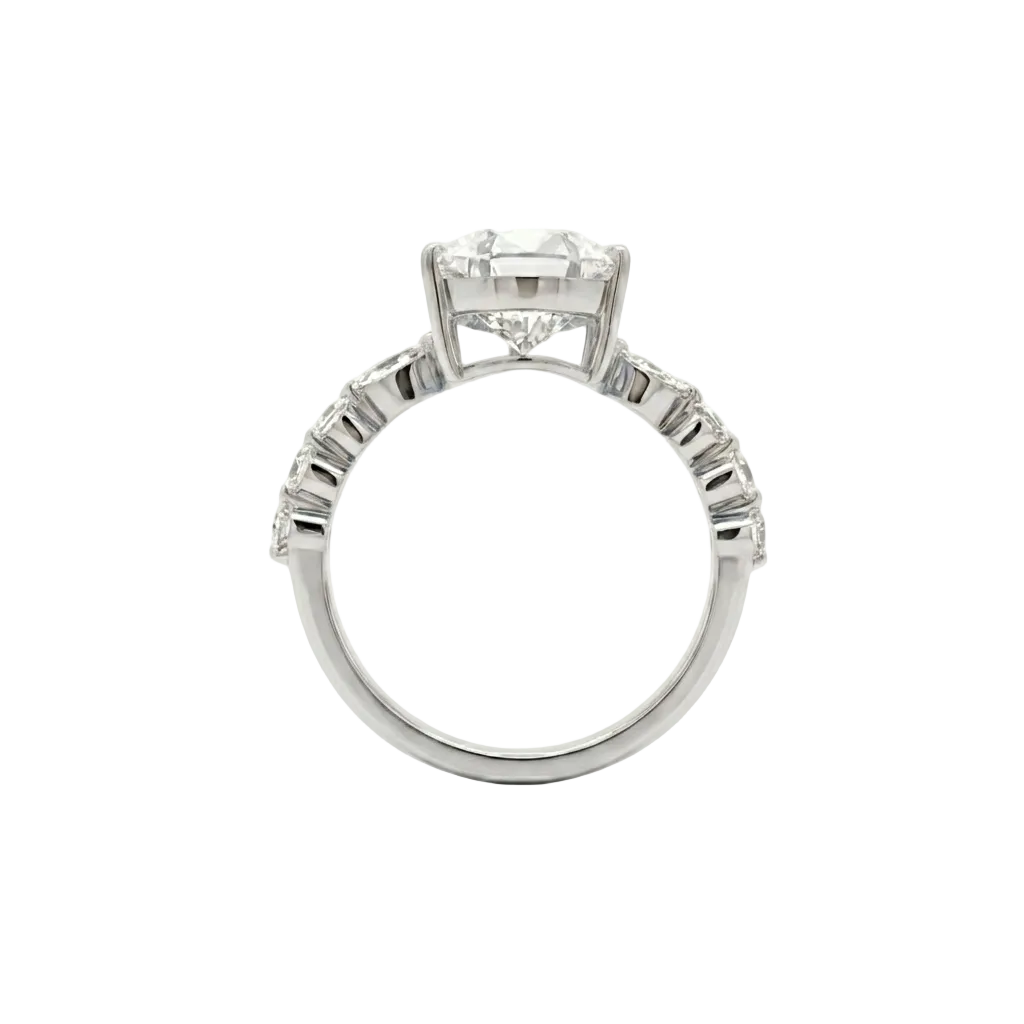 alt="profile view lab grown diamond pear cut ring 14K white gold"