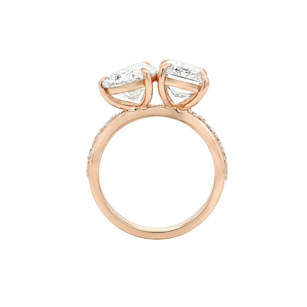 alt="profile view lab grown diamond toi et moi ring 14K rose gold"