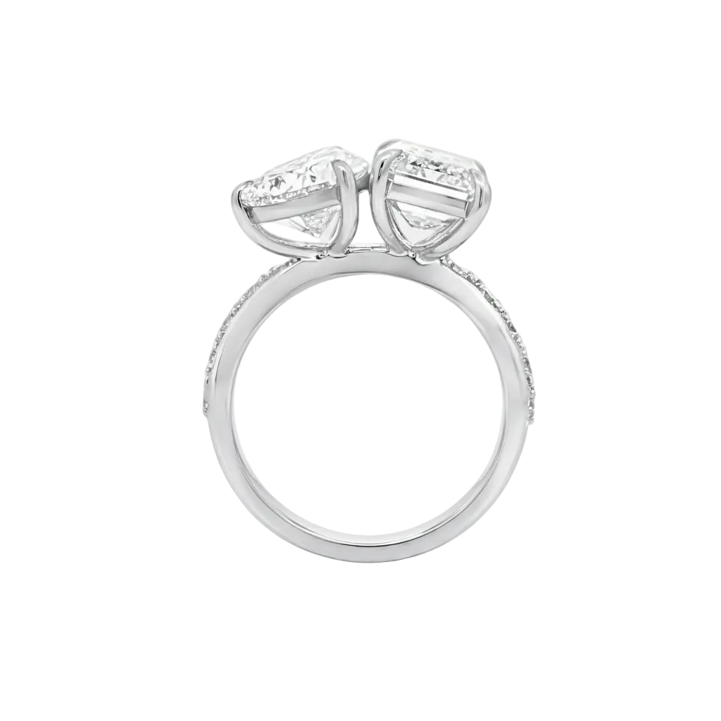alt="profile view lab grown diamond toi et moi ring 14K white gold"