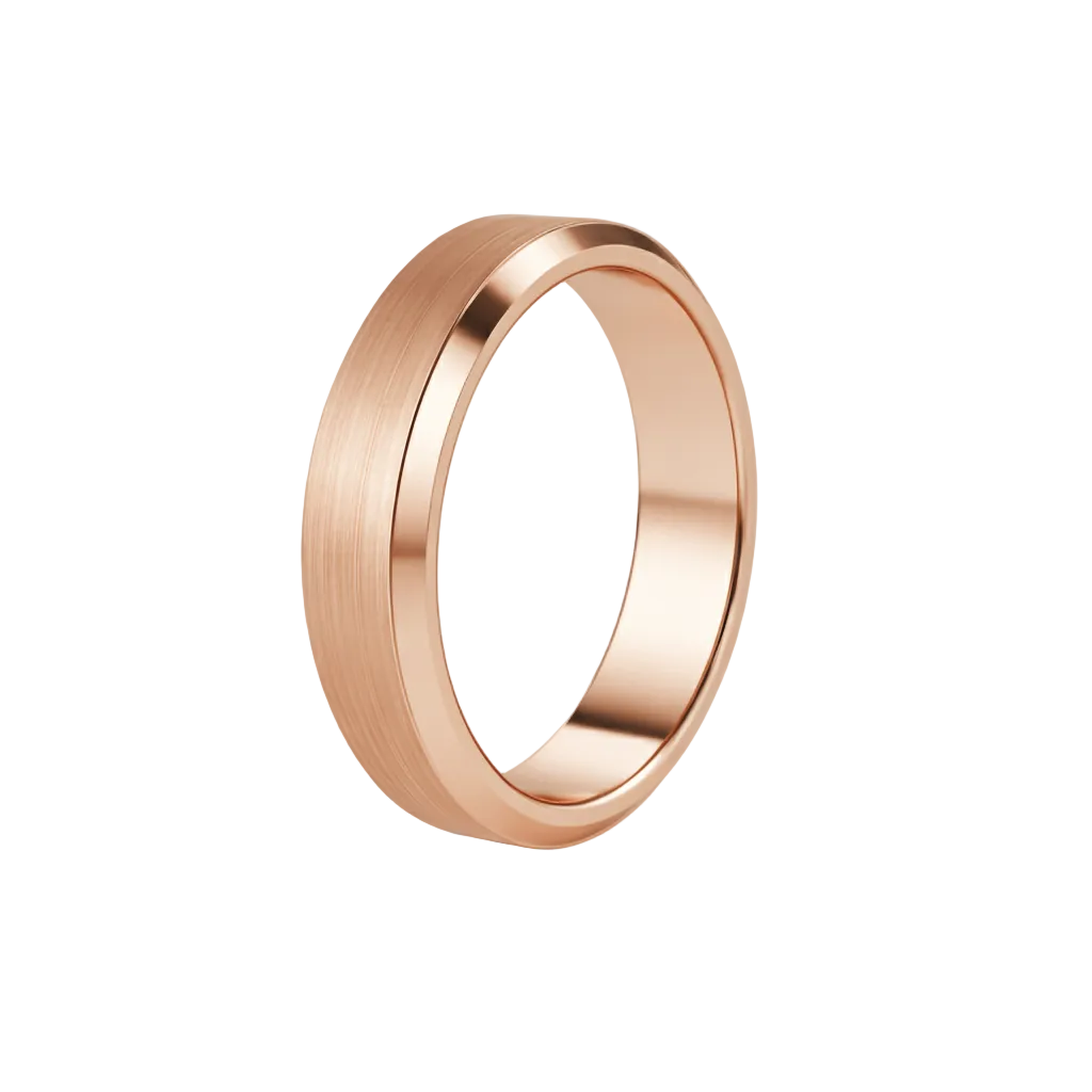 alt="profile view of brushed matte men wedding band in 14K rose gold"