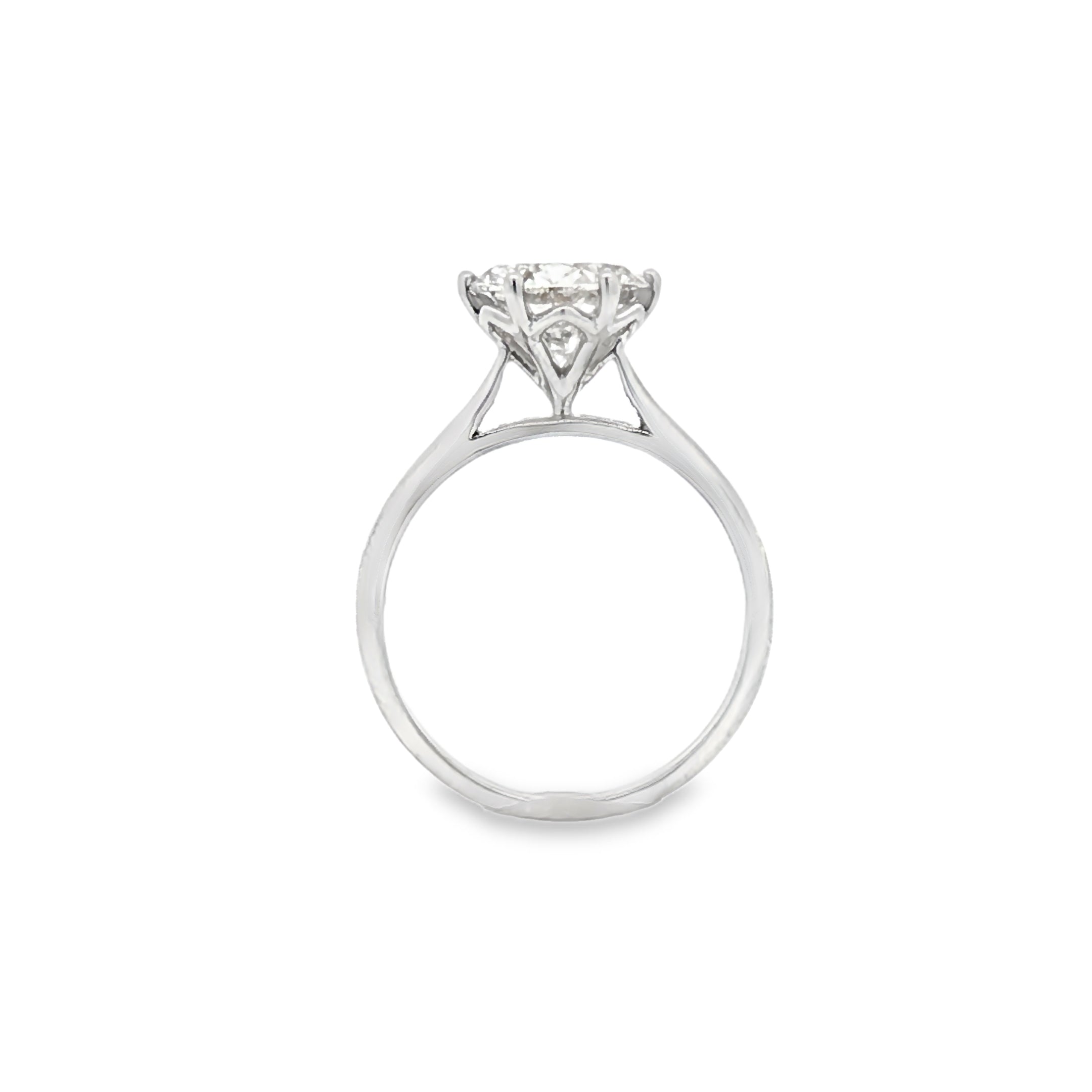 alt="profile view of lab grown round cut diamond four prong setting solitaire engagement ring in 14K white gold"