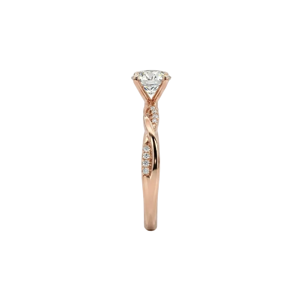 alt="side view lab grown diamond twisted accent band ring 14k rose gold”