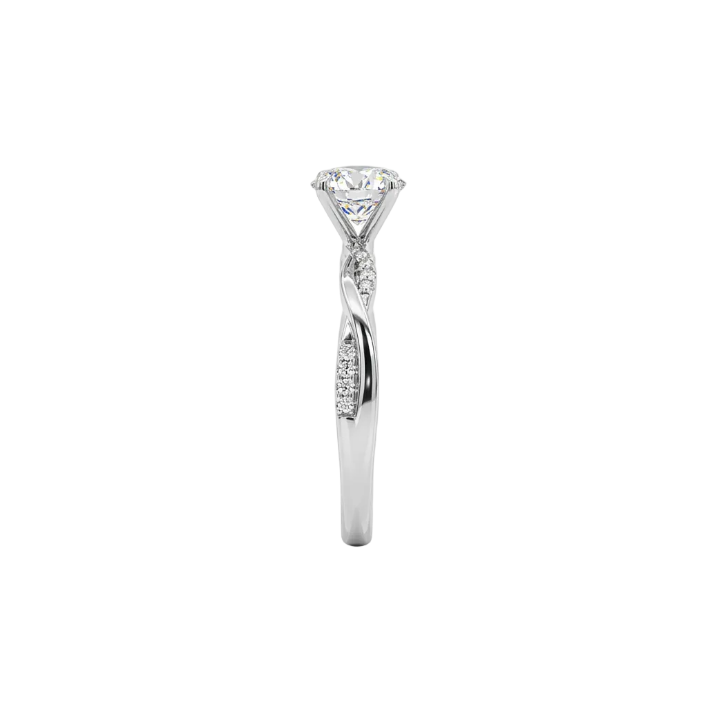 alt="side view lab grown diamond twisted accent band ring 14k white gold”