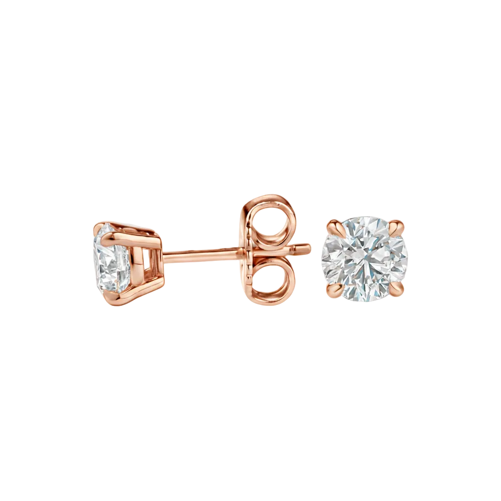 alt="side view of lab grown round cut diamond four prong stud earring with push back setting in 14K rose gold"
